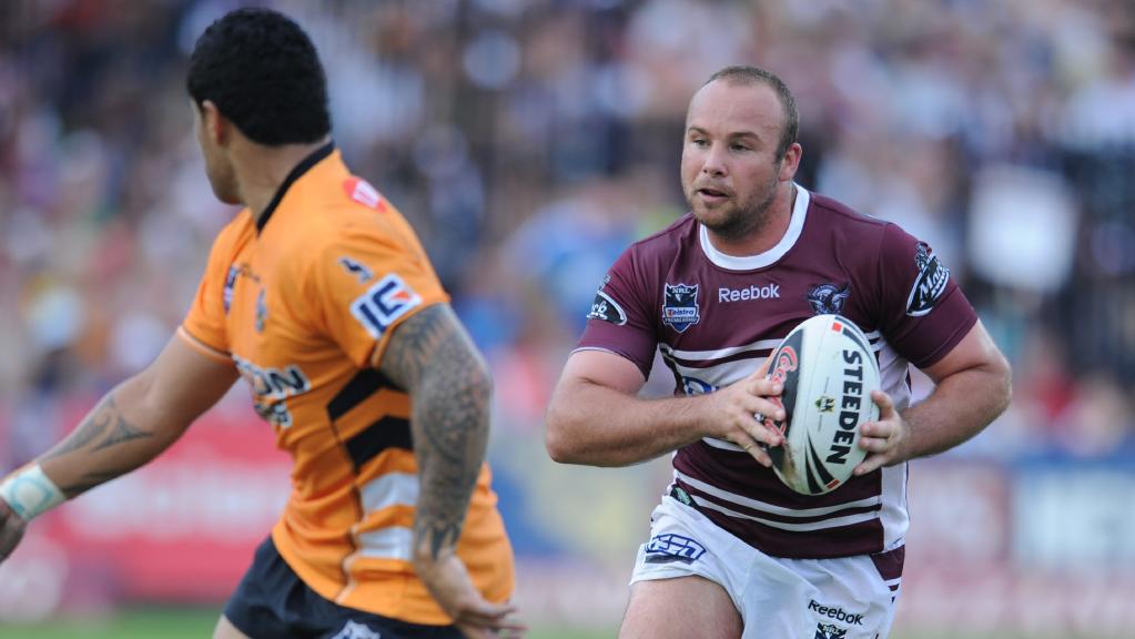 Manly Sea Eagle Glenn Stewart runs the ball during their 23-10 win over Balmain Tigers at Brookvale Oval on Sunday in round 5 of the 2009 NRL.
