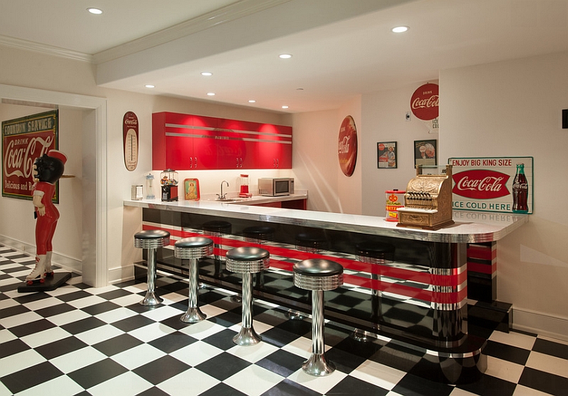Nostalgic 50's diner look for the bar area with vintage Coca-cola decor and ads