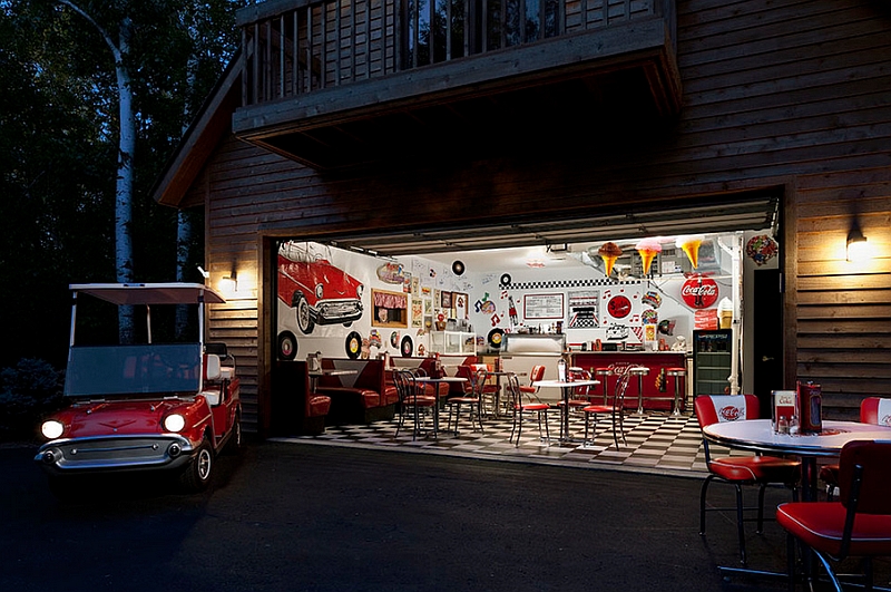 Large garage transformed into a retro style family room Coca-Cola-themed 50s diner!