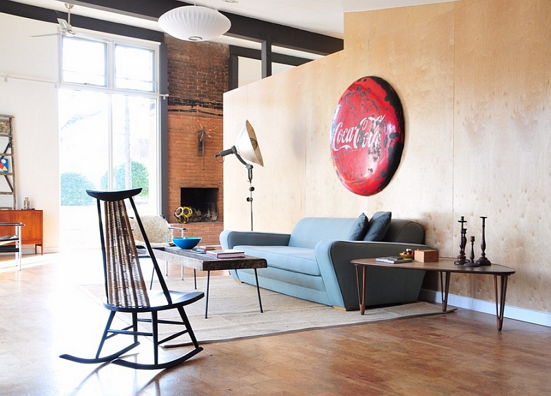Antique Coca Cola sign adds color and personality to the contemporary space