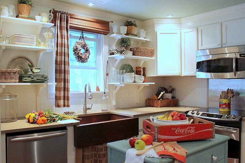 Casually placed Coke crate adds color to this farmhouse style kitchen