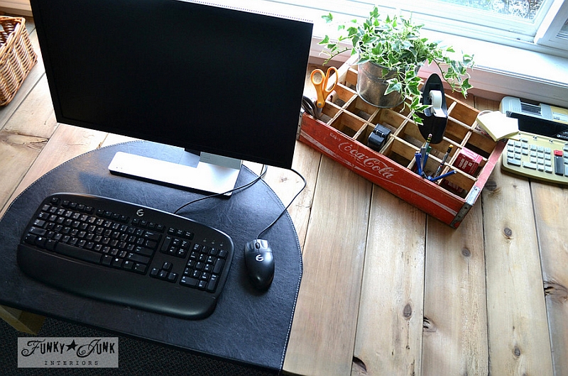 Old Coke crate used as an organizer in the home office