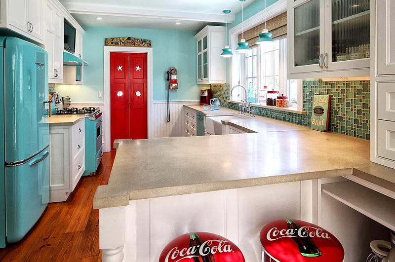 Beautiful retro kitchen with funky Coca cola themed bar stools
