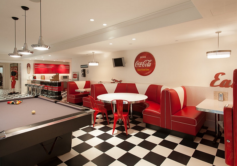 Turn the basement into a fun hangout and game room with a Coca-Cola themed diner