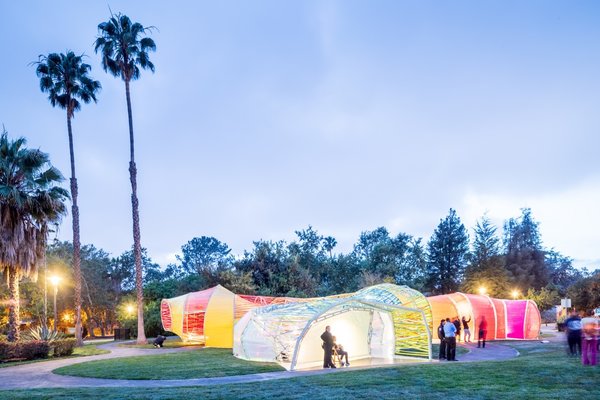 The Second Home Pavilion is located on a grassy ellipse next to the La Brea Tar Pits—the only urban, consistently active Ice Age excavation site in the world.