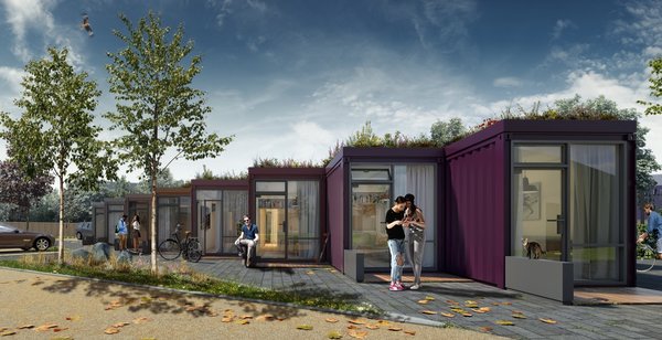 Designed for young, low-income individuals, the green-roofed container homes will be painted a variety of colors to complement local architecture, including the neighboring Serpentine project.