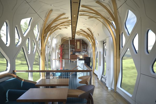 Train Suite Shiki-shima's lounge car draws inspiration from Japanese forests. Komorebi, which means "sunlight that streams through the forest,
