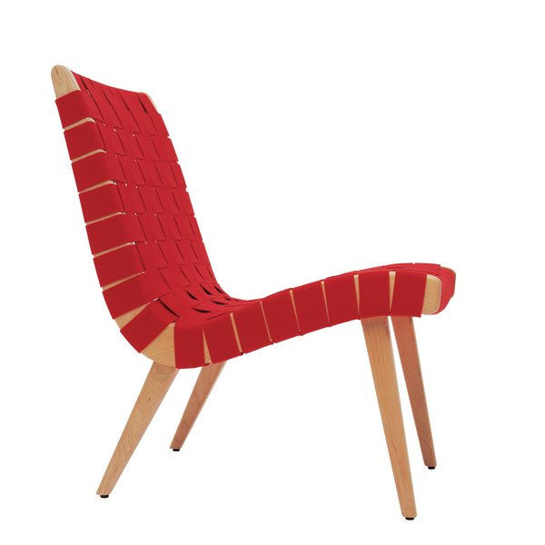 The lounge chair Risom designed for Knoll in 1943, at the height of wartime rationing, used discarded parachute straps for its webbing. When Knoll reintroduced it in 1994, Risom gave a number of the chairs to family members