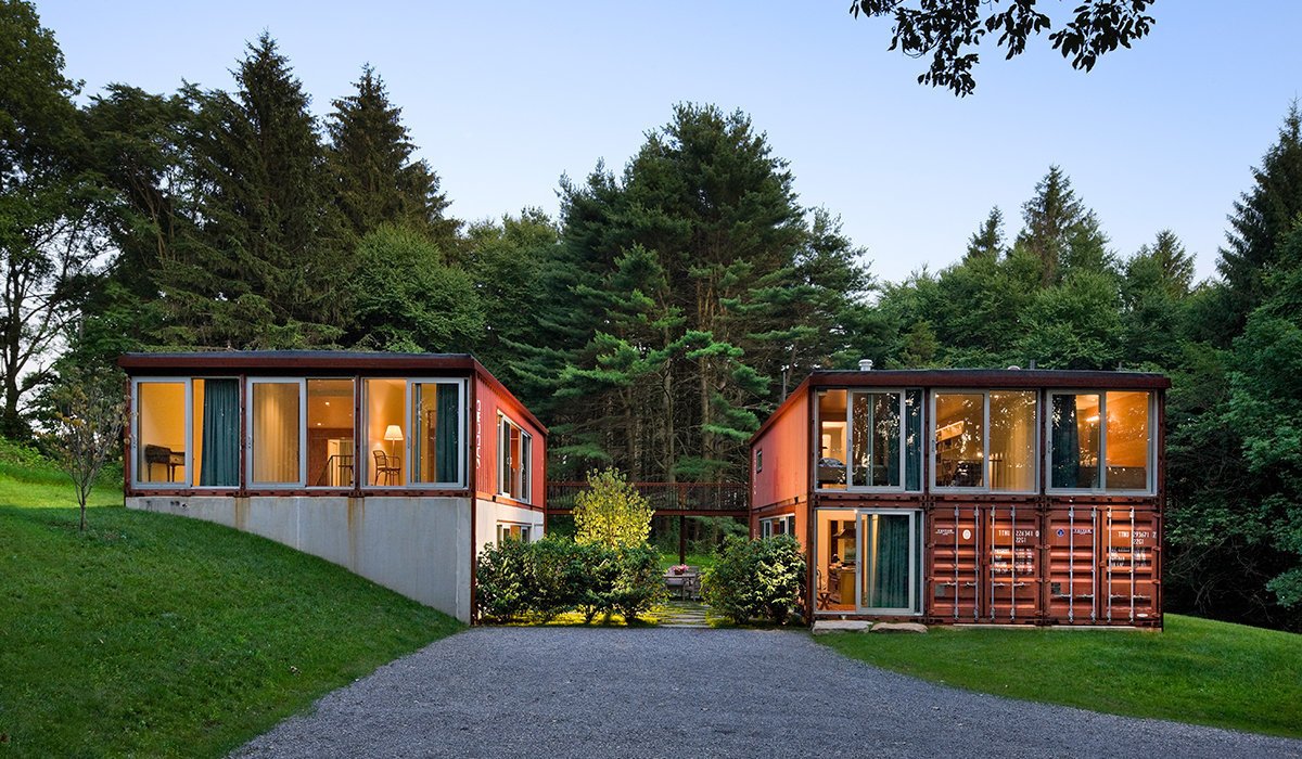 A prefabricated kit house, the Quik House by Adam Kalkin is designed from recycled shipping containers. Its 2,000-square-foot plan includes three bedrooms and two-and-a-half baths. The shell can be assembled in one day, and the entire home built in three months or less.