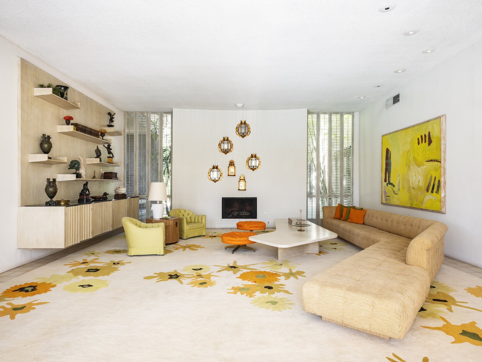 The home comes complete with all the original Elrod furnishings and art—including this massive carpet by V’Soske. 