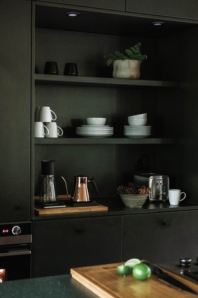 The shelving and cabinets are a Hygge Supply design, made of MDF and finished in no-VOC powder coat color. 