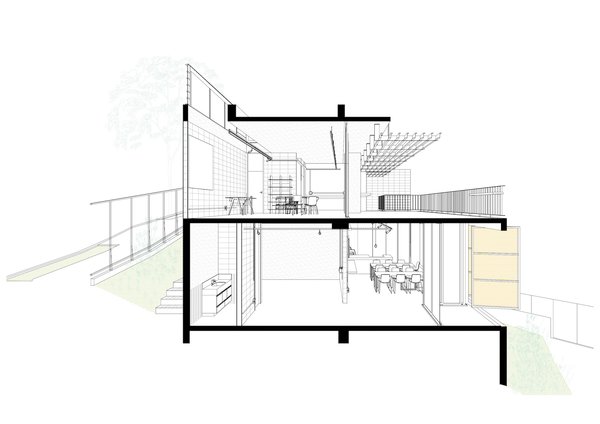 3D section of Casa Comiteco by Marcos Franchini and Nattalia Bom Conselho showing how the residential space sits on top of the commercial space.