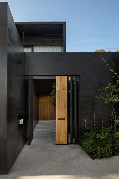 Upon entry, a wood door opens to reveal an enclosed courtyard filled with foliage. 
