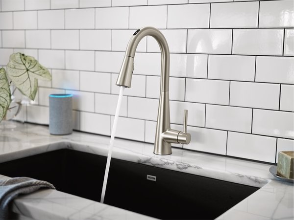 The U by Moen. Not only does it respond to voice commands for running water at a desired temperature, it also disperses precise amounts down to the teaspoon. Another convenient feature is that it allows voice commands to override the handle position. For example, the handle might be in the "off