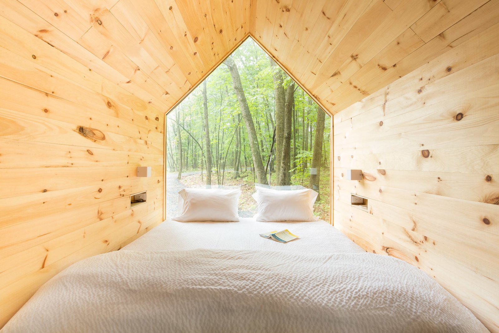 Inside the cabins, giant windows provide views of the lush tree canopy.