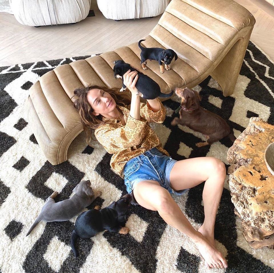 Kelly Wearstler at home in Beverley Hills. The living room lounging chair, coffee table, and carpet can be easily repurposed for other parts of the home.