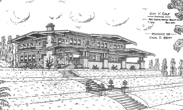 Guy Vincent Colf, builder and believed architect of the main house, drew this rendering before its construction. The 4,200-square-foot structure was designed in the American Craftsman style, with a shingled exterior, low-pitched roof, and broad front porch. 