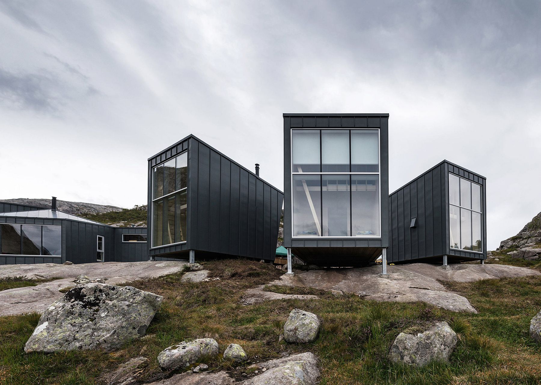 Rolled zinc provides durable and dramatic exterior surface for the cabins