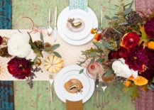 a thanksgiving table decorated with bright patterns