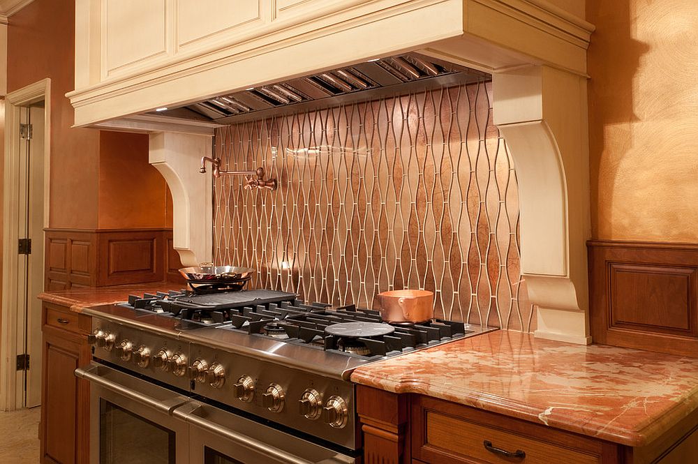 Small modern kitchen with custom copper backsplash that also adds pattern [From: Regina Bilotta, Bilotta Kitchens / Artistic Tile]