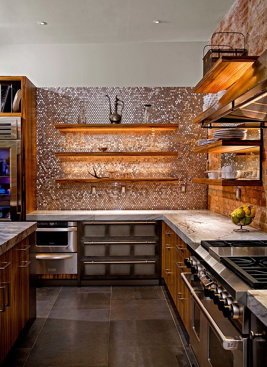 Copper penny tile backsplash brings glamour to the kitchen [Design: Superior Woodcraft / Threshold Interiors / Randl Bye]