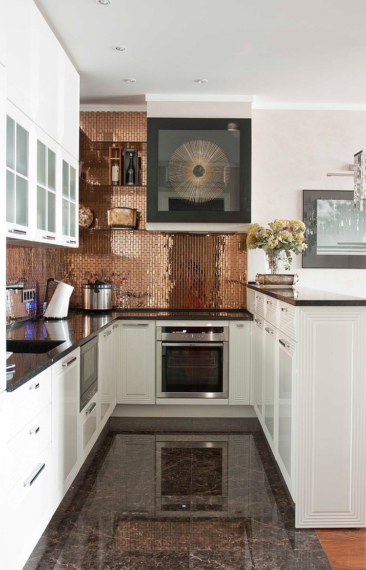 Transitional kitchen in white with a shiny copper backsplash [Design: Small Interiors Design]