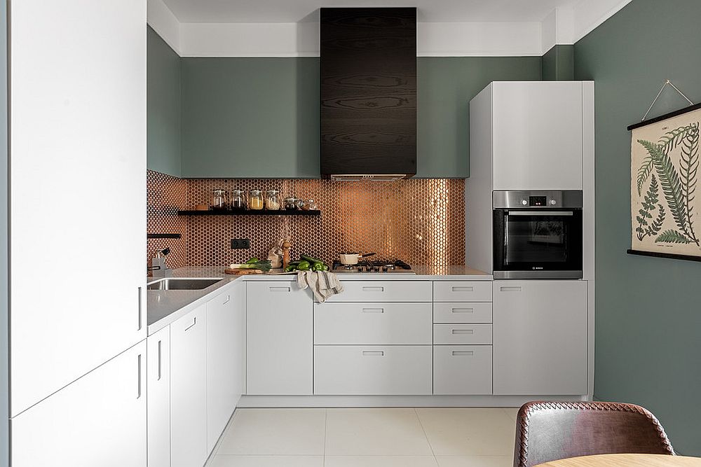 Sleek contemporary kitchen with sparkling copper penny tile backsplash [Design: Finchstudio]