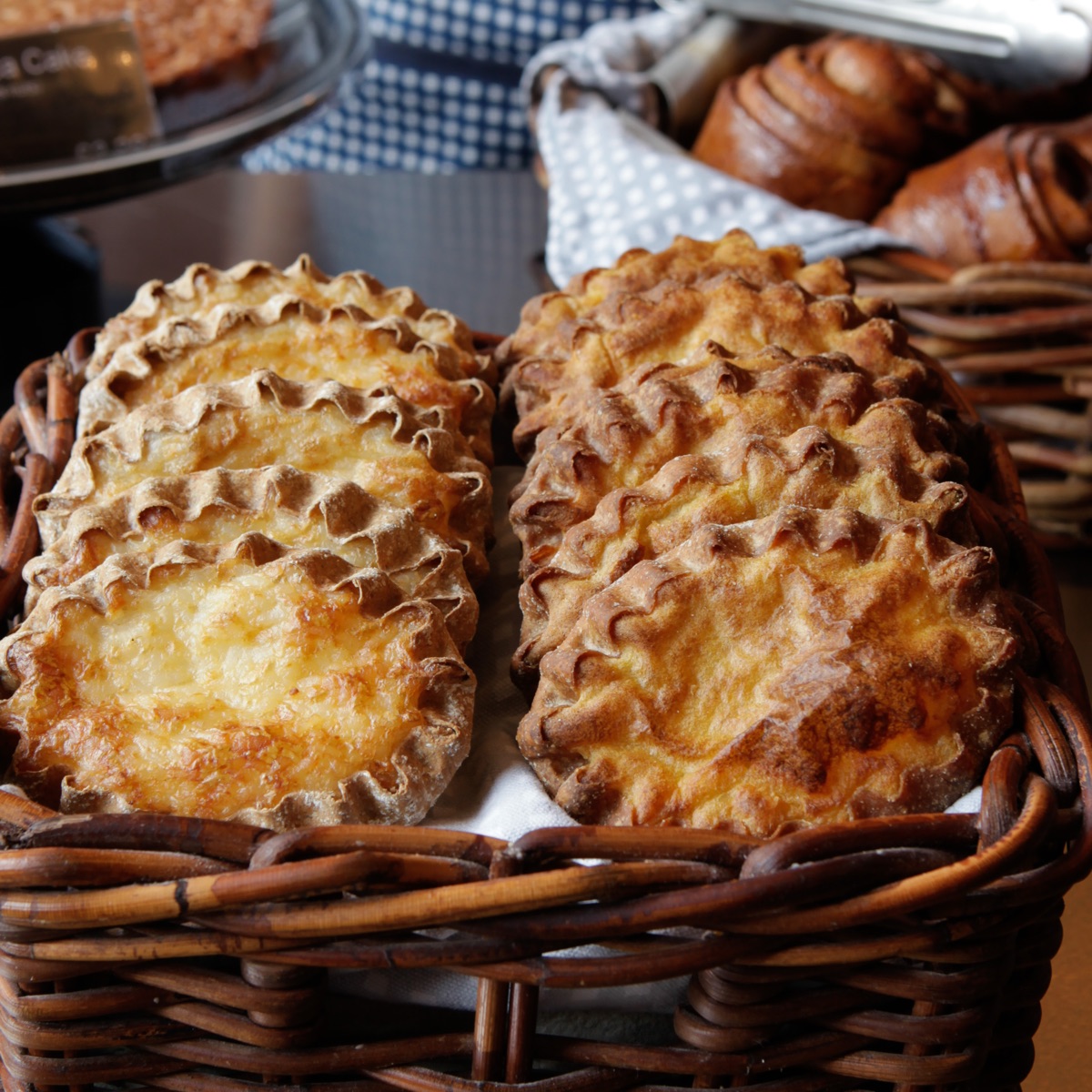 Karelian pies from Nordic Bakery in London. A delicious rye-crusted savoury snack, the Karelian pie is made with rice or potato mash filling and served with egg-butter spread. Image courtesy of Nordic Bakery.