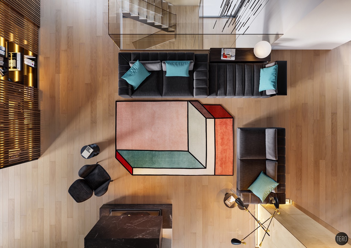 overhead shot of large geometric rug at center of living room