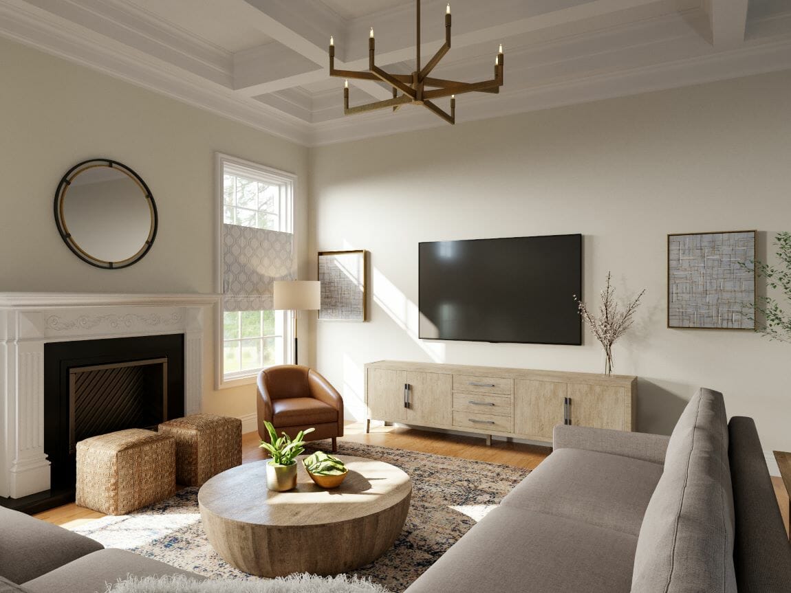 Warm neutral living room design by Decorilla