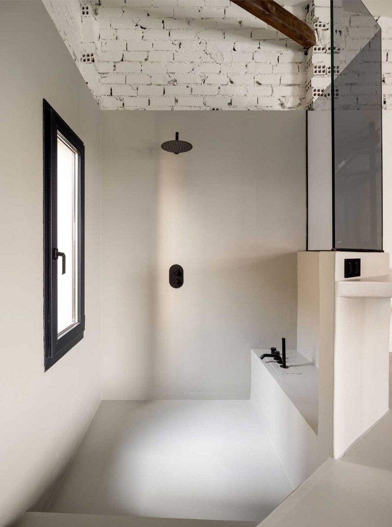 view of open minimalist beige shower tub combo