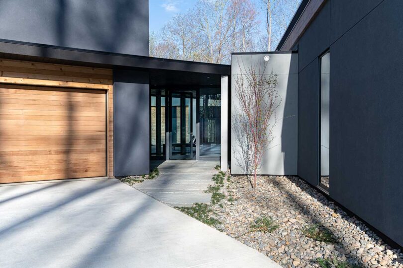 closeup exterior view of modern house path to front door