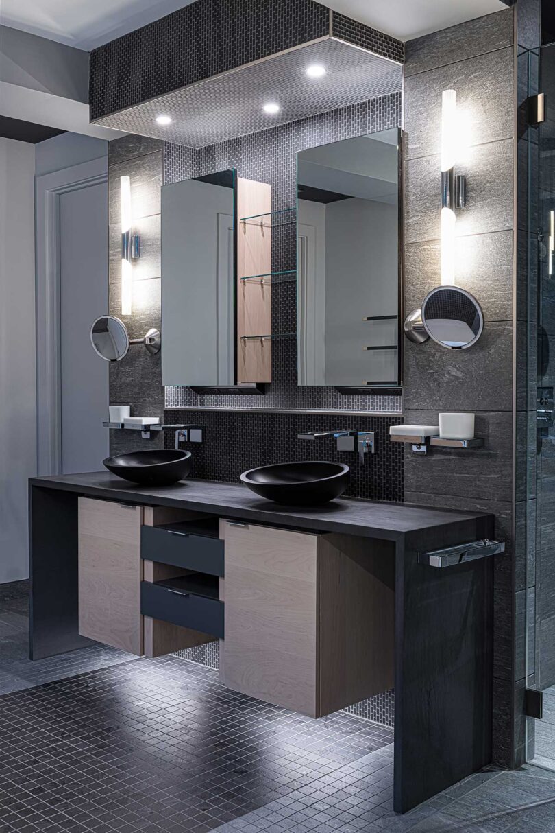 angled view in dark modern bathroom