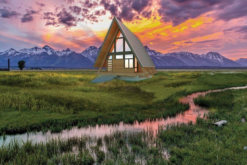A-frame in front of a sunset