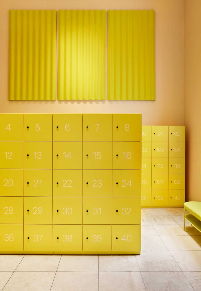 two rows of bright yellow modern lockers