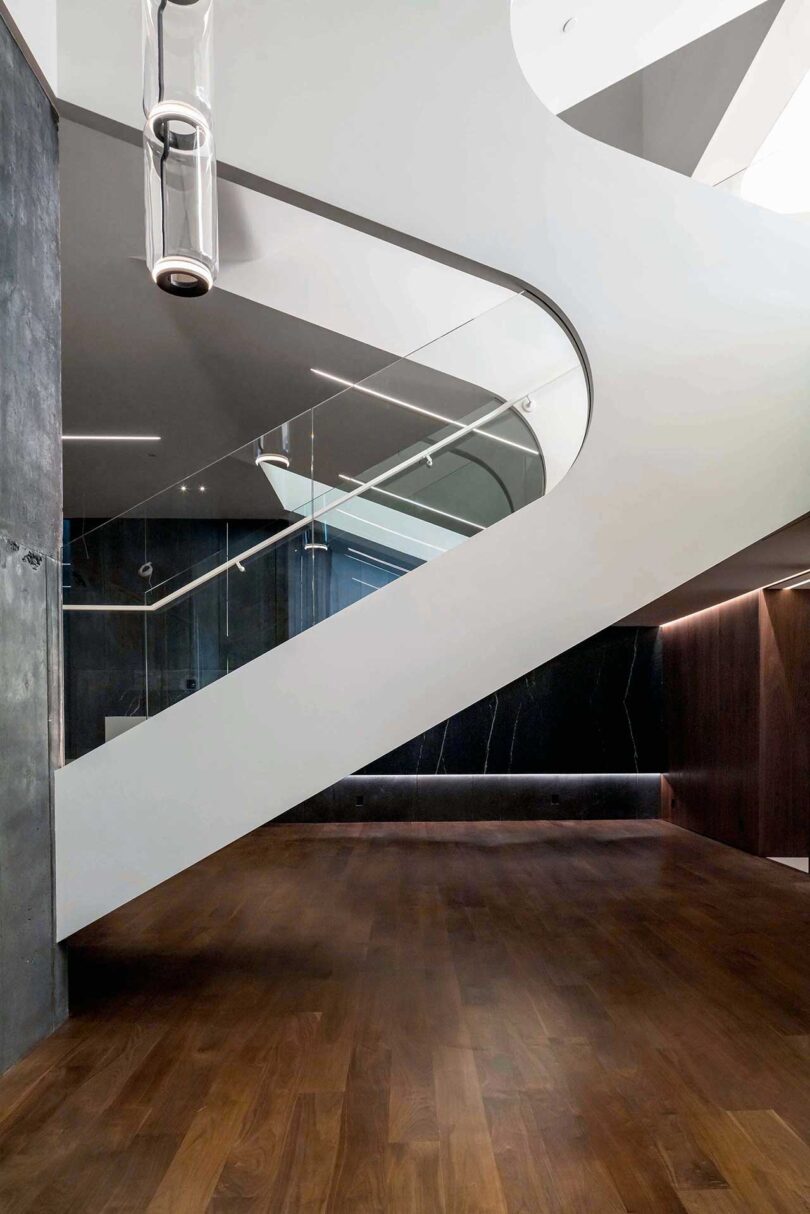 partial interior view of modern futuristic white staircase