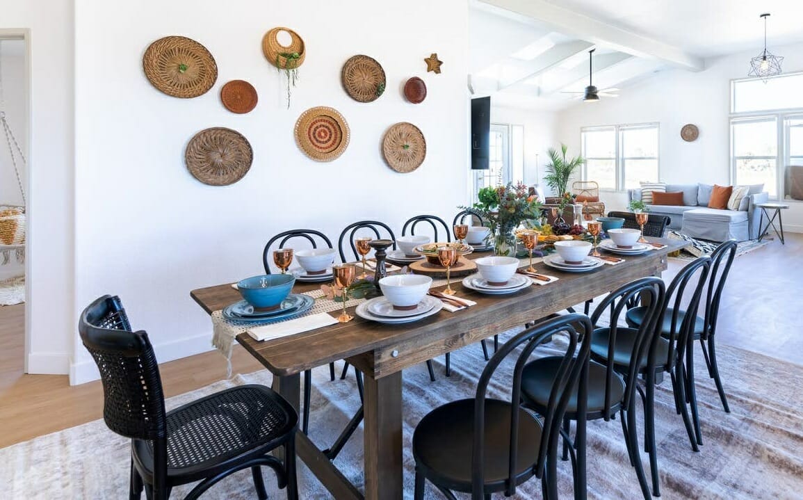 Rustic dining table in a modern farmhouse style interior