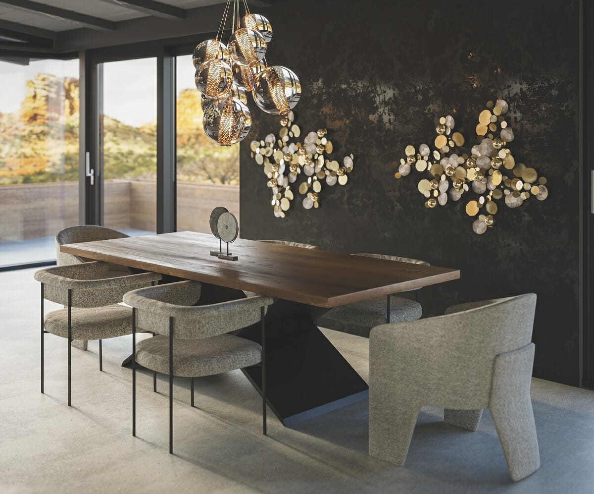Modern industrial dining table style in a moody interior