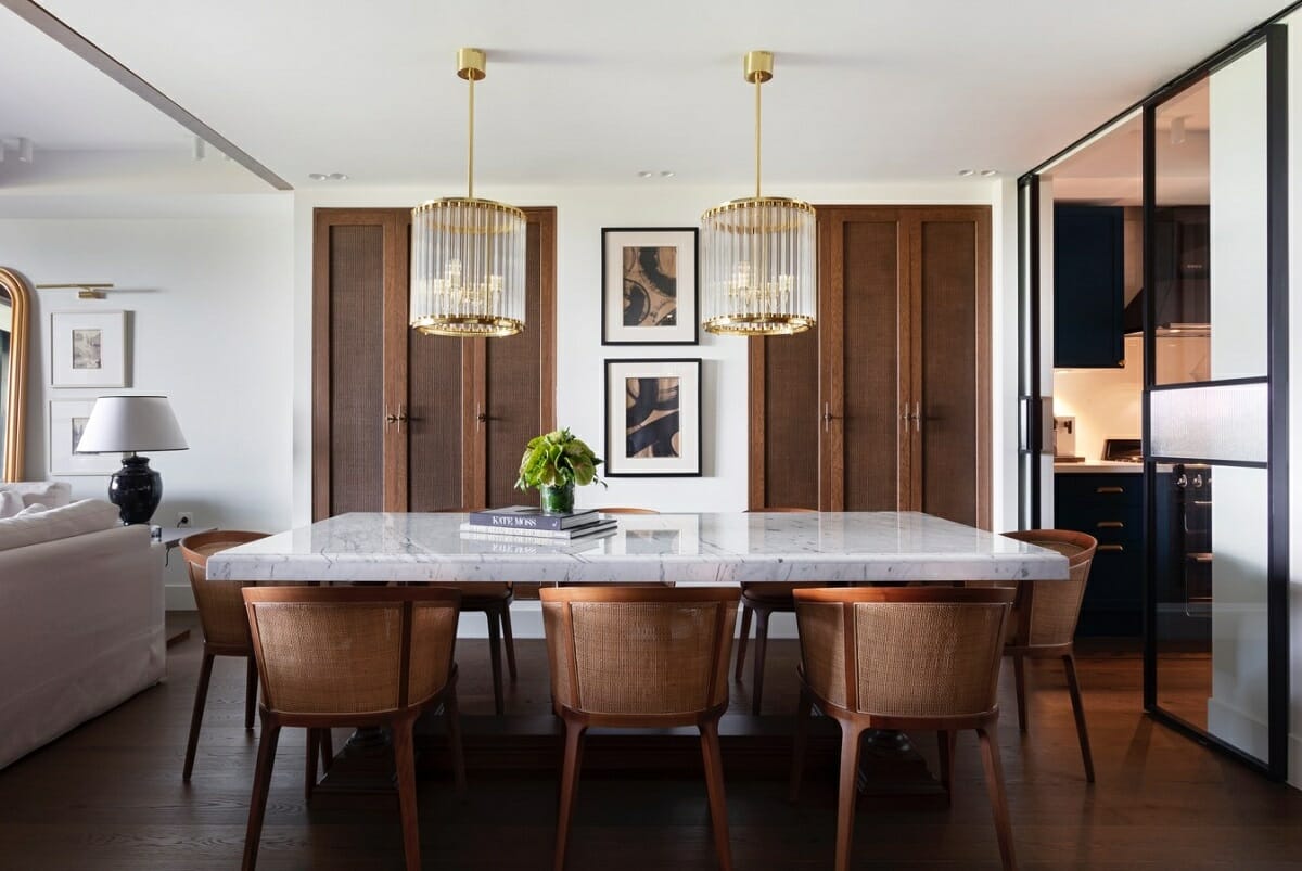 Transitional types of dining tables in an open concept interior