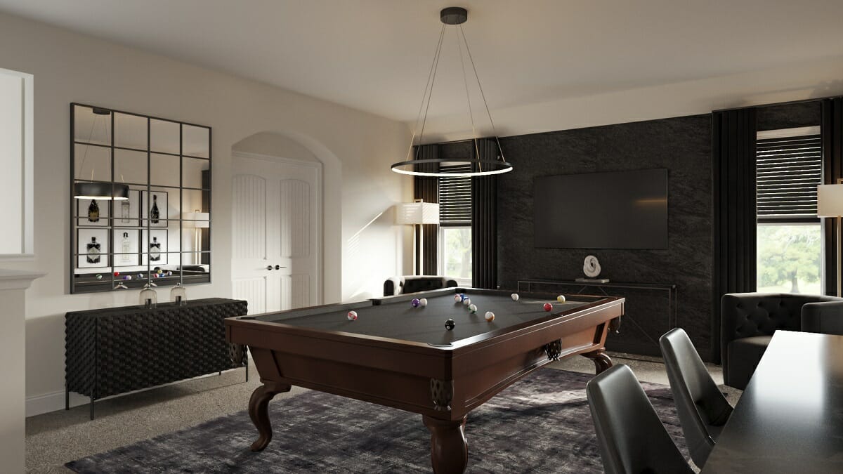Basement multipurpose room design in a moody blue with gaming and a bar lounge