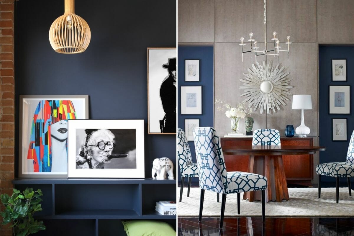 Hallway gallery wall ideas with framed abstracts and metallic plates and mirrors