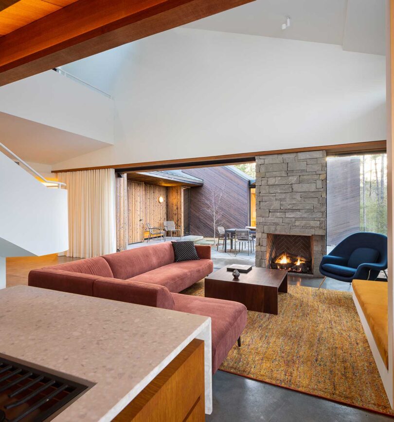 interior view of modern living room with double height ceilings