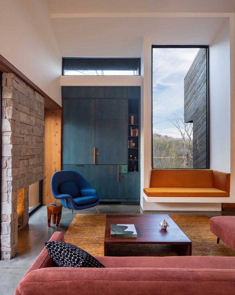 interior view of modern living room with double height ceilings