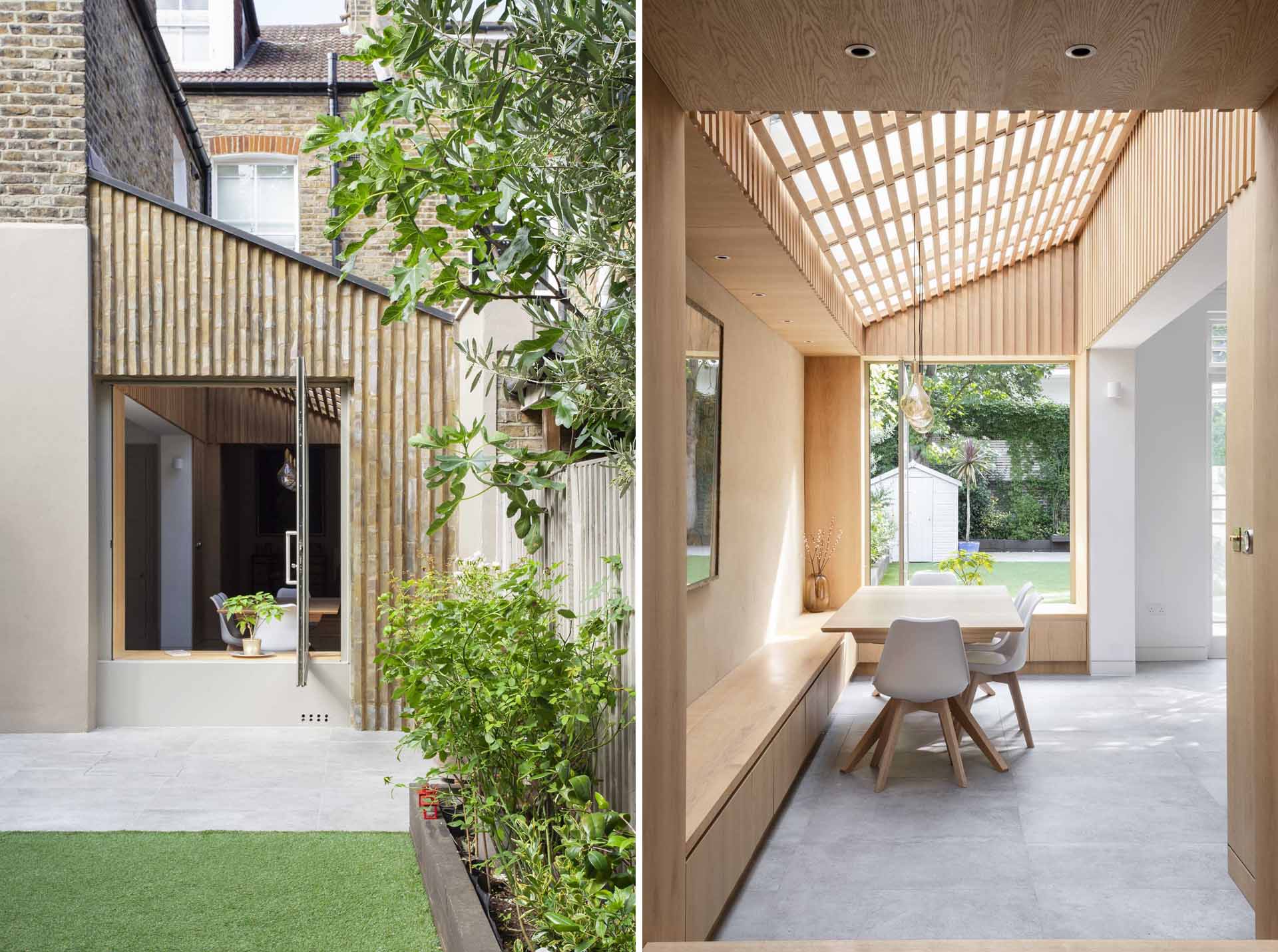 YARD Architects has shared photos of a side extension they re-imagined for a home in Greater London, England, that creates an open and bright dining area and kitchen.