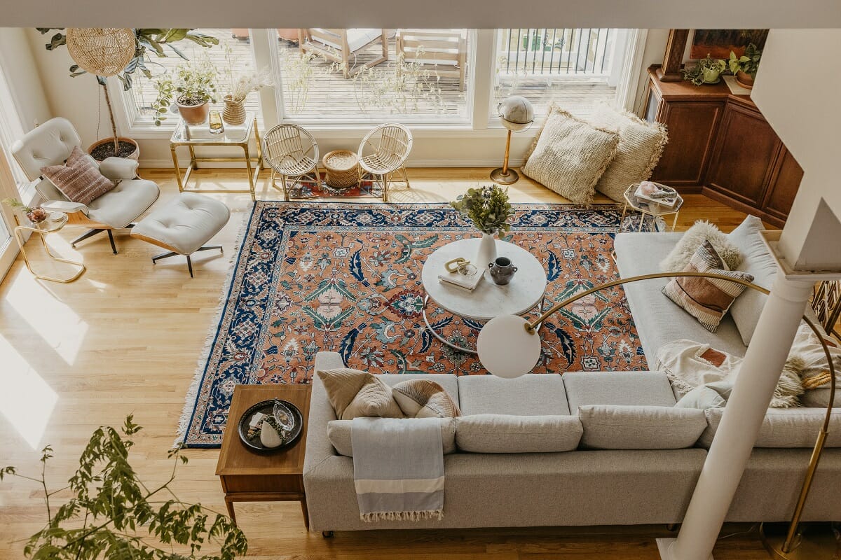 Scandinavian &amp; Boho aesthetic influences in a modern living room by Decorilla designer Anna Y.