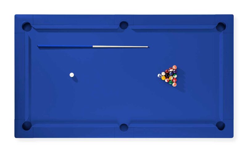 down view of modern cobalt blue pool table