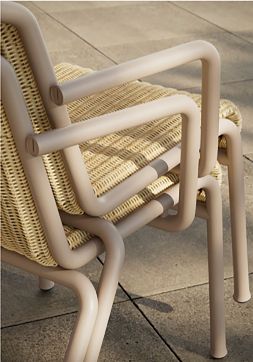 two stacked outdoor armchairs