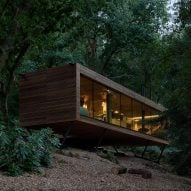 Timber cabin in woodland at dusk