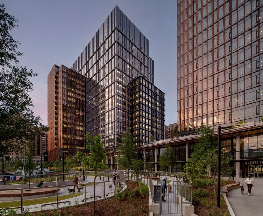 Two office towers in the evening light