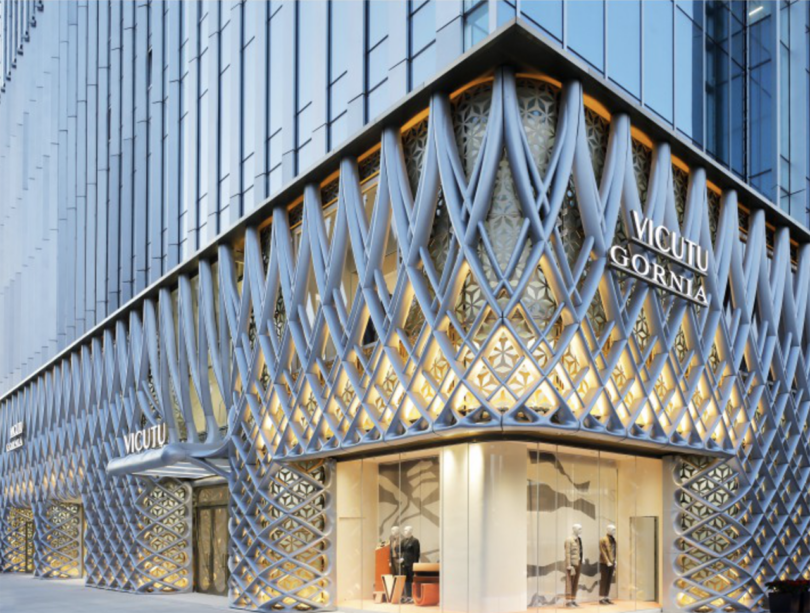 concept rendering of a corner luxury store with ornate details
